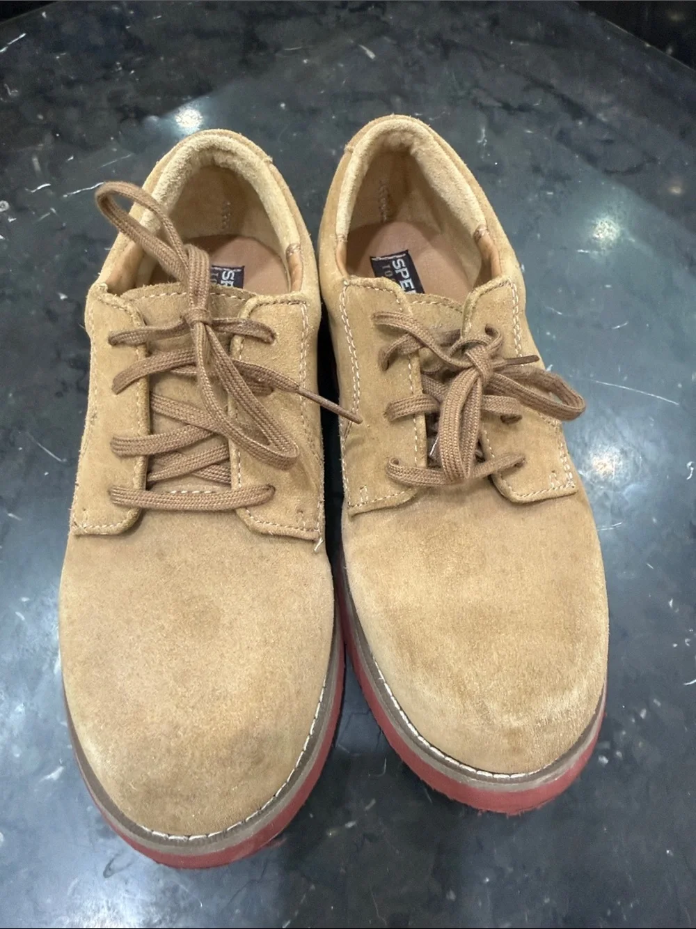 Sperry Boys Suede Bucks in Tan with Red Outsole -2W WIDE EUC